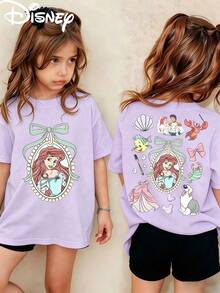 Disney Ariel Princess Portrait & Friends Double-Sided Print Kids' T-Shirt, Short-Sleeved Casual Top, Cute Themed Printed Tee, Perfect For Daily Wear, School Activities, Family Outings, Theme Park Visits And Holiday Gifts, Shipped From Local Warehouse - 淡紫色 - 查看 1