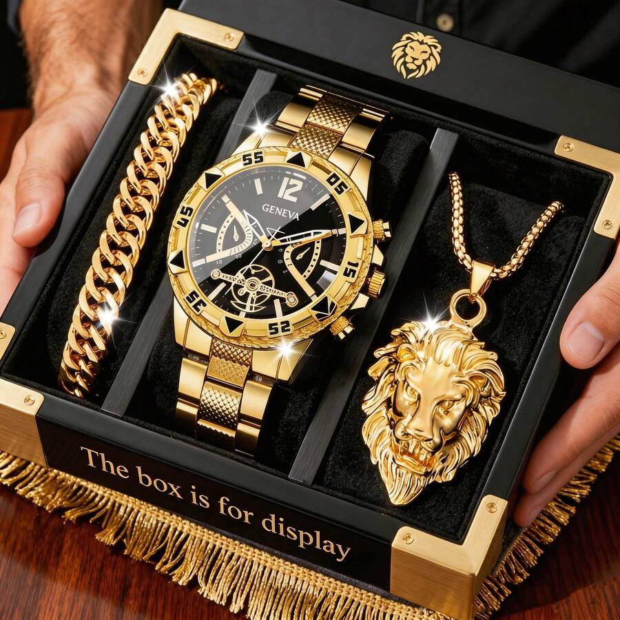 3pcs Men's Stylish Sports Watch + Lion Head Necklace And Bracelet Set, Perfect Gift For Him On Valentine's Day, Birthday, Father's Day - Multicolor - View 1