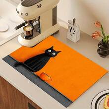 1pc Orange Background Black Cat Print Absorbent Mat/Drying Mat For Coffee Maker, Tableware - Absorbent Polyester Desktop Protective Mat With Rubber Anti-Slip Pad, For Kitchen Counter Decor, Home Bar And Dining Table - Multicolor - View 2