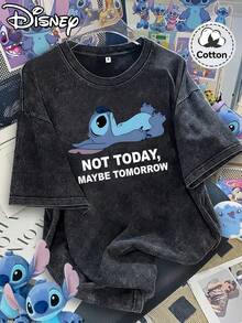 Disney Stitch Cute Duck Floral & Scrump Doll Print "STITCH" Gradient Letter Vintage Washed Cotton T-Shirt - màu đen - Xem 1