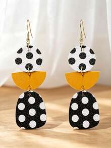 1 Pair Geometric Layered Polka Dot Dangle Earrings, New Fashionable Retro Black & White Contrast Metal Ball Stud Unique Design Leather Earrings For Women, Long Versatile Personalized Exaggerated Earrings, Lightweight Leather Material, Gift For Girlfriend/Friend - Leather Earrings - View 1