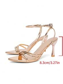 New Elegant Striped Pointed Toe Adjustable Buckle Slip-On High Heel Sandals, Champagne Color, Summer - Champagne - View 9