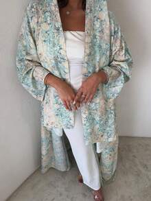 2pcs Set Lightweight Breathable Casual Floral Print Polyester Long Cardigan Robe + Chiffon Printed Scarf Set, Suitable For All Seasons - Mint Green - View 4