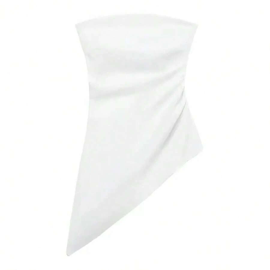 Top Corto Elegante sin Tirantes para Mujer, con Volantes Laterales y Dobladillo Asimétrico, Ideal para Vacaciones, Bodas y Eventos Nocturnos - Blanco - Ver 1