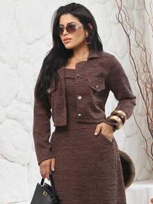 Autumn Chic Set: Long Dress With Slit + Elegant Jacket – Sophistication That Warms With Style ✨ Elegant Casual Knit Fabric Daily Formal And Evening Autumn - Rỉ Nâu - Xem 2
