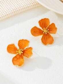 1 par de pendientes asimétricos con forma de flor de goteo de metal con teñido anudado naranja, regalo de boda para niña - Multicolor - Ver 4