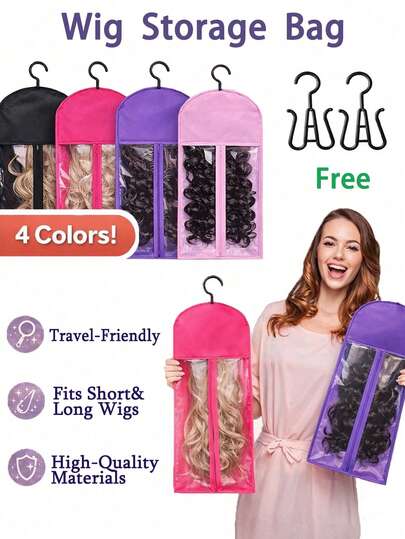 两种尺寸可选：80厘米长/60厘米短假发收纳袋，超大防水拉链透明窗口假发整理袋，防尘假发收纳袋，适用于卷发和直发假发，方便旅行携带。