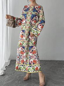 一件女士撞色印花喇叭袖睡袍，优雅奢华的节日派对礼服，适合作为新年、情人节或其他节日礼物送给妈妈、朋友，春季佳品。 - 藍色 - 查看 6
