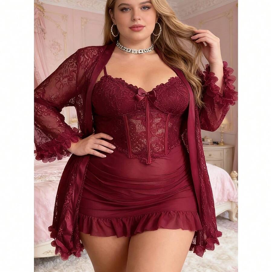 Plus Size 3Pcs Sheer Floral Lace Lingerie Set, Adjustable Strap Babydoll With Robe & Thong,Romantic Gift For Date Honeymoon Bachelorette Boudoir Shoot - 酒紅色 - 查看 1