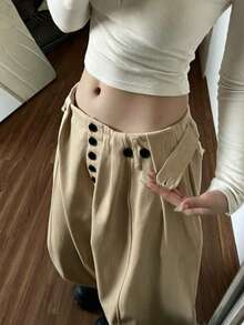 Casual Loose Fit Wide Leg Pants, Relaxed American Chic Style - Khaki - View 2