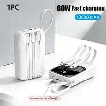 Batería externa de 10000mAh con cable de carga 4 en 1 multifuncional, sin enredos, de unicolor, con pantalla LED digital, carga rápida de 15W, compacta y portátil, ideal para viajes de negocios, campamentos, carga de dispositivos en cualquier momento y lugar, regalo de primavera y aniversario - Batería externa nueva con pantalla digital LED de 1W mAh - Ver 14