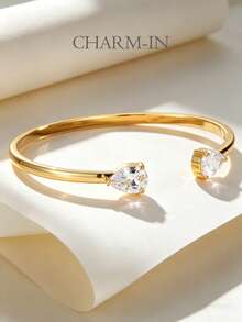 Charm-In Pulseira feminina ajustável com zircônia cúbica em formato de gota, banhada a ouro - Acessório elegante para o dia a dia e presente ideal para ela. - Ouro - Ver 3