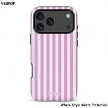 VESPOP 1 buah Casing Ponsel Minimalis Artistik Bergaris Warna-warni Mengkilap 2-in-1 Phile Shell Pelindung Penuh Kompatibel dengan / 11/12/13/14/15/16/17 Pro Max - Garis-garis merah muda terang - View 2