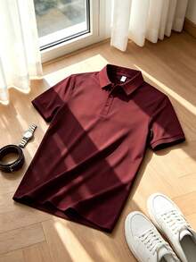 Men's Summer Lightweight Fabric Polo Shirt | Slim Fit Short Sleeve Solid Color Collared Top, Suitable For Daily, Commuting, Office, Light Sports And Beach Wear - Burgundy - View 4