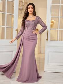SUPGIR [Random Cut] Women's Sequin Sweetheart Neck Long Sleeve Fitted Knit Cocktail Dress Wedding Party Fall - Purple - View 4