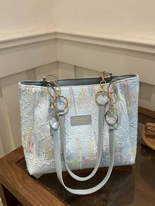 1pc Contrast Color Striped Patchwork Pattern Polyester Large Capacity Zipper Fashionable Shoulder Bag, Suitable For Women's Daily Use - Baby Blue - View 6