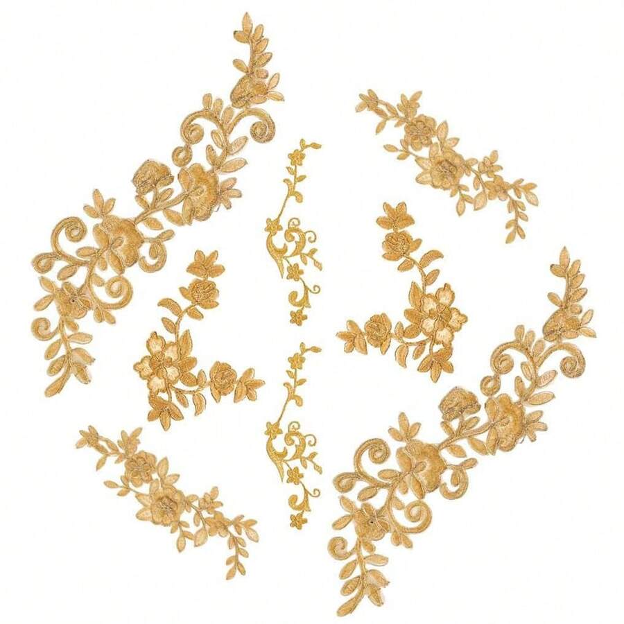 2片/8片金色花卉刺绣蕾丝贴花,熨烫热熔缝纫贴片,适用于婚纱、新娘礼服、头纱装饰DIY奢华服装配饰 - 金色花朵 - 查看 1