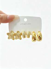 4-16pcs Luxury Gold-Tone Earring Set, Featuring Diamond, Star, Striped C-Shape, And Textured Teardrop Designs. Made Of ABS Resin With Gold Plating, Durable Color, Low Allergy, Suitable For Daily Wear, Dates, Parties, Beaches, Mother's Day, Valentine's Day Gifts - Gold - View 10