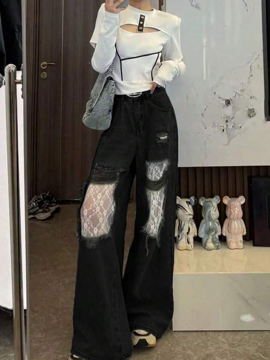 复古做旧蕾丝拼接阔腿高腰直筒牛仔裤,女士春夏休闲黑色 - 黑色 - 查看 1