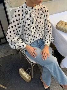 Buzzelle 女士优雅休闲时尚米色波点图案衬衫 - 蝴蝶结、灯笼袖、宽松、褶裥、半透明夏季款 - 彩色 - 查看 1