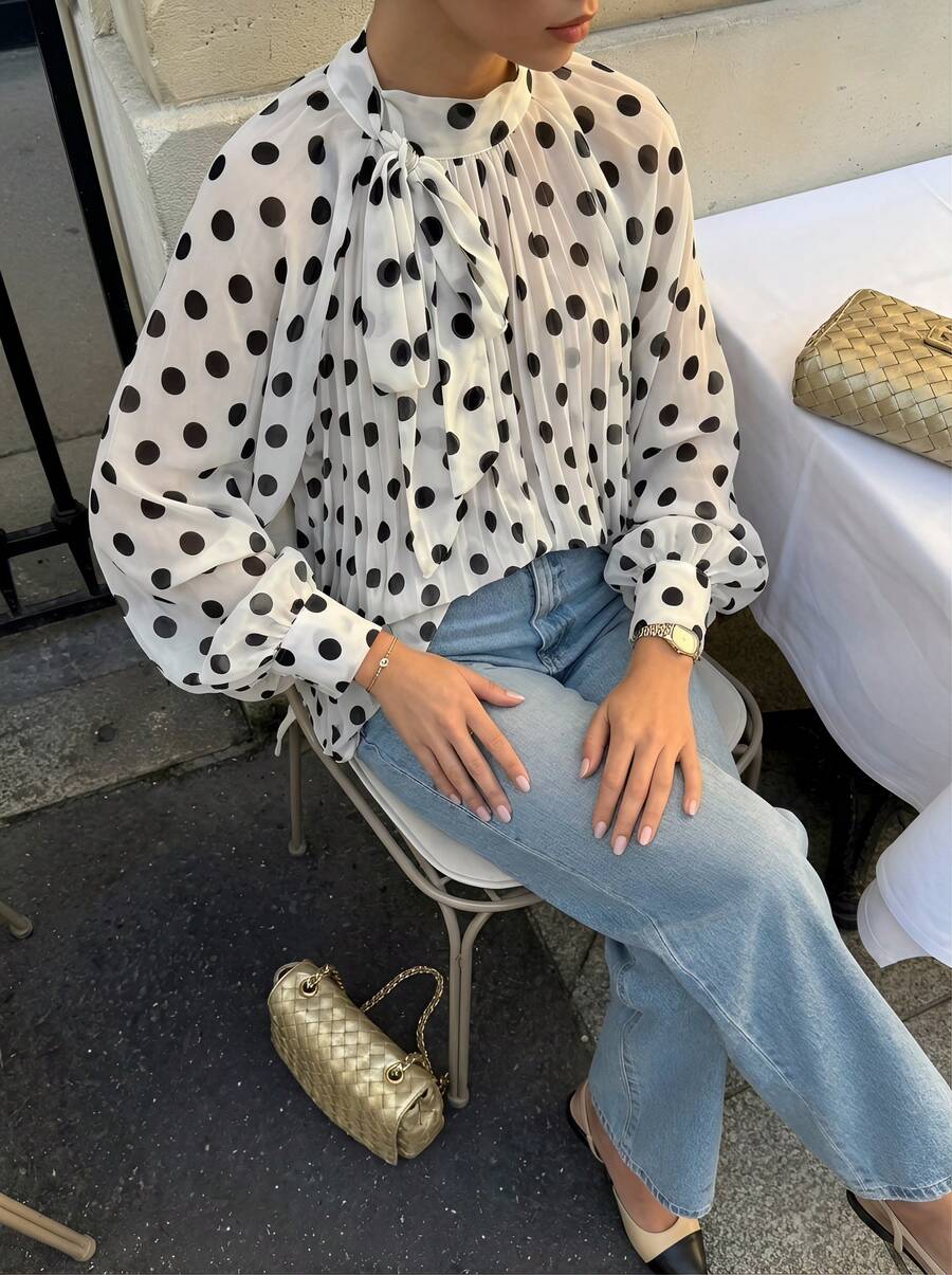 Buzzelle 女士优雅休闲时尚米色波点图案衬衫 - 蝴蝶结、灯笼袖、宽松、褶裥、半透明夏季款 - 彩色 - 查看 1