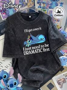 Disney Stitch Lying Down With Scrump Doll "I'll Get Over It I Just Need To Be DRAMATIC First" Funny Sarcastic Slogan Print Vintage Washed Cotton T-Shirt - 黑色 - 查看 1