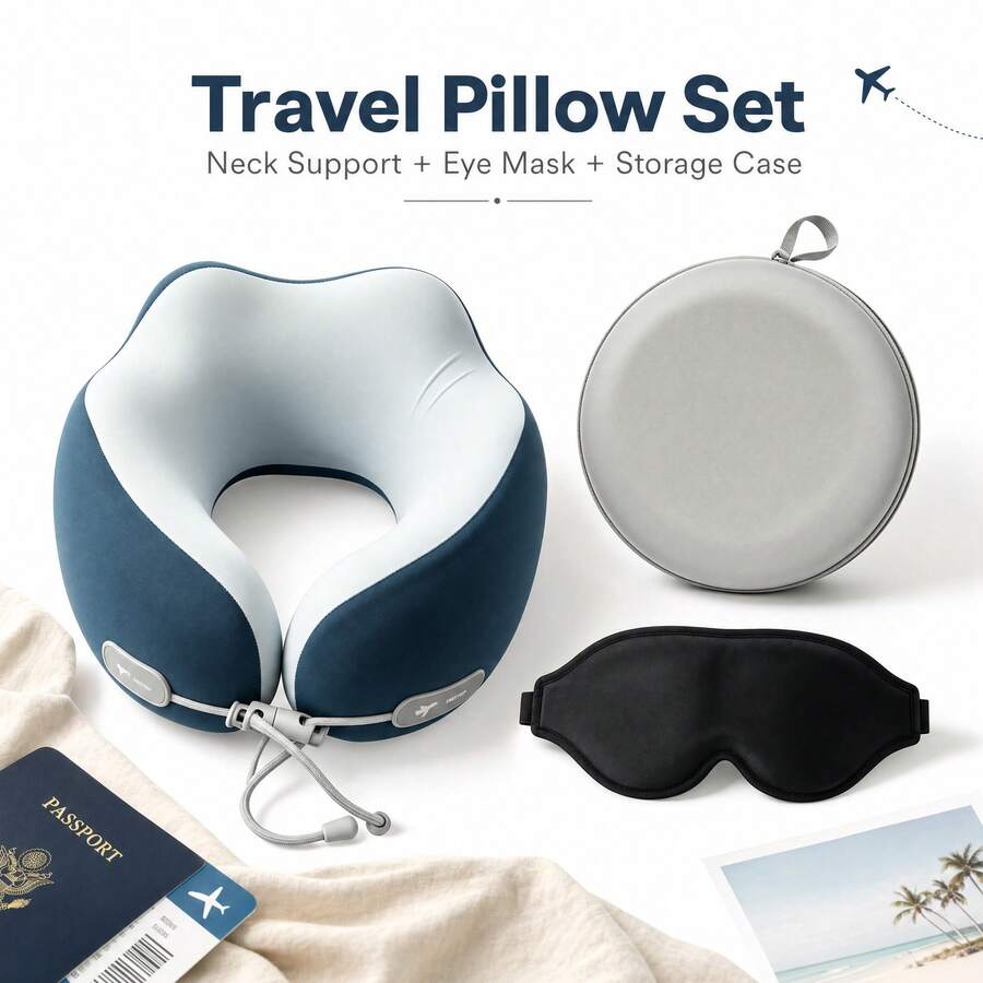 Juego de 2 piezas de almohada de viaje con memoria de espuma en forma de U y antifaz, portátil para avión, tren, siesta en la oficina, almohada de soporte para el cuello de lenta recuperación - Juego de 2 piezas - Ver 1