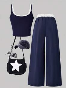 Conjunto casual para adolescentes, estilo universitário americano, com colete decorativo com laço e calça reta folgada, em cores contrastantes. - Azul marinho - Ver 3