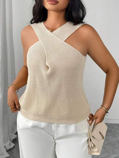 Áo tank top dệt kim không tay cổ chéo, màu trơn, cỡ lớn, kiểu dáng thường ngày.