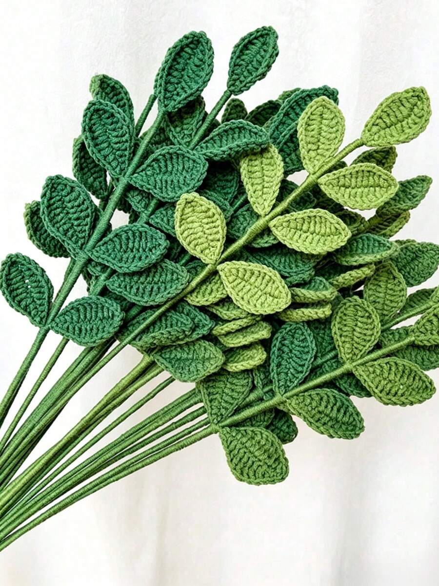 1/5/15/30pcs Hand Crochet Leaf Ornaments, Handmade Knitted Faux Eucalyptus Leaves, Artificial Fabric Foliage For Bouquet Decor, Ideal For Spring Summer Home Decor, Valentine's Day, Birthday & Graduation Gifts, DIY Floral Branch Craft Supplies - Weaving Leaves - View 1