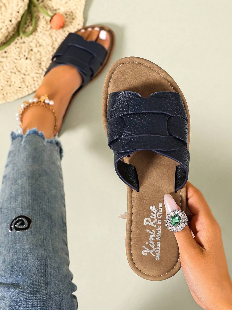 Ximi Ruo Koreanischer Stil lässige flache Pantoletten für Frauen, offene Zehenpartie, gewebte römische Sandalen, geeignet für Frühling, Sommer, Strand, Urlaub, passend zu Kleidern, braun - marineblau - Übersicht 1
