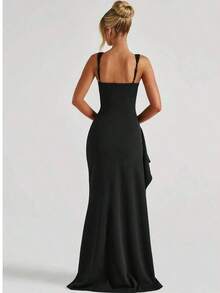 Vestido ajustado elegante y sexy con abertura, adecuado para fiestas de primavera/verano, galas, vacaciones y bodas - Negro - Ver 4