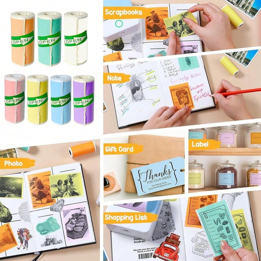 Colorful Mini Thermal Printer Paper Refill For Most Mini Thermal Printers 57 X 25mm Thermal Sticker Paper Rolls For T02/M02 Remove Plastic Roll Holder Study Notes Photos Journals Memo Lists