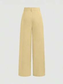 Pantalones de diseño minimalista Vela Rue con cierre de gancho y cremallera, pantalones anchos de pierna semi transparentes y ligeros de color azul sólido, pantalones anchos de pierna de moda para todas las estaciones de primavera - Amarillo - Ver 2