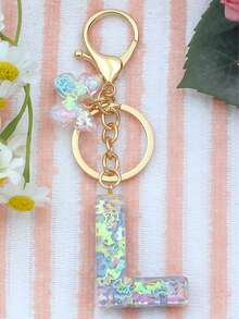 1pc Initial Letter Keychain With Cute Dog, Glitter Resin Pendant, Charming Butterfly Keyring, Gift - Baby Blue - View 14