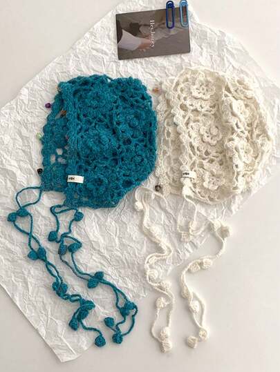 波西米亚镂空流苏针织帽，手工仿珍珠装饰发箍帽，时尚百搭轻便钩针帽，镂空针织流苏毛球帽，适合大头围，秋冬季