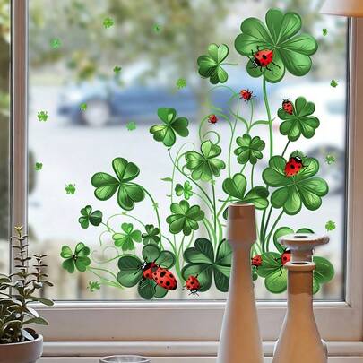 Pegatinas de ventana coloridas para el Día de San Patricio, calcomanías de trébol de cuatro hojas y mariquita, adecuadas para primavera y verano, decoraciones de trébol, aplicables para el hogar y la oficina, suministros de fiesta autoadhesivos, ideales