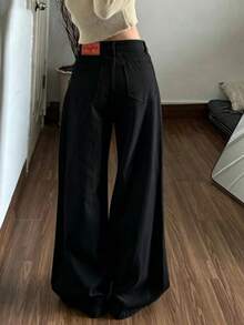 復古美式設計字母刺繡寬鬆休閒寬腿喇叭牛仔褲 黑色 - 黑色 - 查看 2