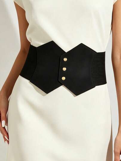 1pc Casual Minimalist Black Rivet Cinched Waist Belt, Elegant Geometric Matte Patchwork Elastic Adjustable Women's Belt, Suitable For Dresses, Pants, Parties, School, Work, Daily Wear, Travel, Spring/Summer, Mother's Day Gift