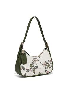 Floral Pattern Women's Shoulder Bag, Fashion Commuter Handbag, High-Quality PU Leather Material, Minimalist Versatile Design, Stylish Contrast Color Print Crescent Bag, Baguette Bag - Green - View 4