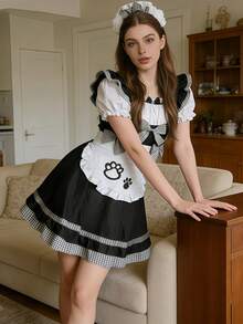 1pc Maid Lolita Dress For Cute Girls, Featuring Delicate Bow And Adorable Paw Print Design, Loose Fit Flattering Silhouette, Suitable For Cute Girl Festivals, Photo Shoots, Parties, Cosplay And More Spring - Multicolor - View 7