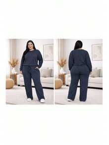 Lanzinha Ribi Plus Size Winter Set - Long-Sleeved Blouse And Wide-Leg Pants - Super Comfortable - 藏蓝色 - 查看 2