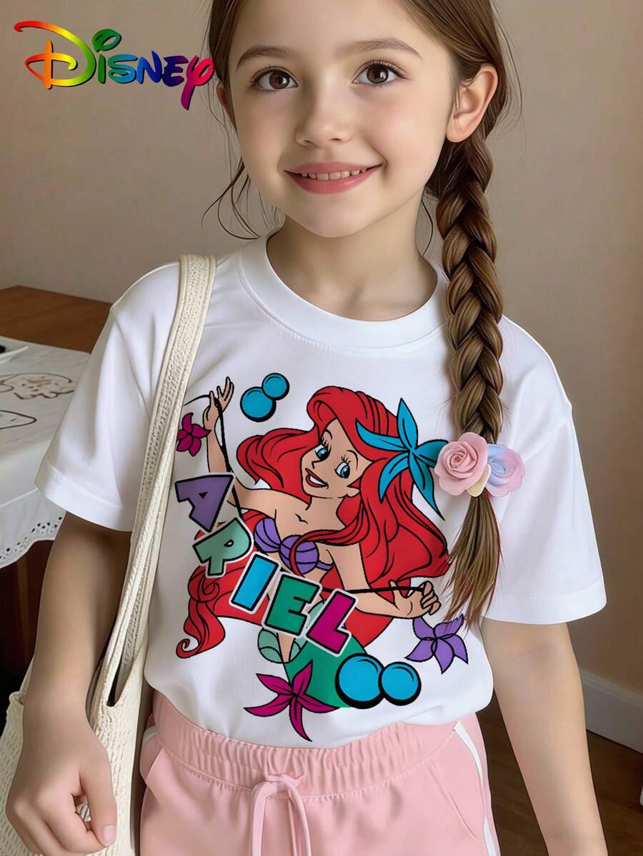 Disney Authorization - Summer Round Neck Short Sleeved Girls' Clothing - Colorful Contrasting Ariel - Printed Pattern T-Shirt Pullover, Summer Top Clothing, Children's Girls' Clothing Cute Top, 180g Polyester Soft Fabric, Suitable As A Gift For Children - 白色 - 查看 1