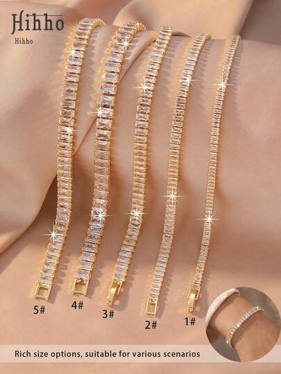Hihho 1pc Fully Zirconia Encrusted Tennis Bracelet, Luxurious Hip-Hop Style, Gold-Tone Base With "T-Prong Dense Zirconia Inlay + Tennis Chain Structure" Design, Combining Sparkling Hip-Hop Vibe And Refined Luxury Jewelry Feel. Suitable For Mature Styles, Ideal For Daily Outings, Fashionable Outfits, Casual Parties