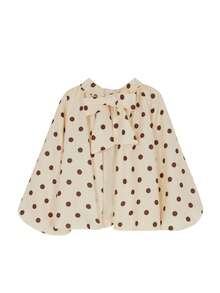 Women's Elegant Casual Polka Dot Blouse - Tie Collar, Lantern Sleeves, Loose Fit, Ruffle Design Vacation Spring - Yellow - View 9