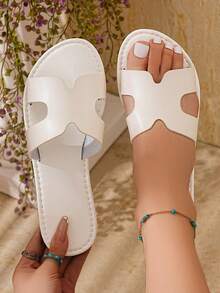 Women Flat Slide Sandals Minimal Hollow Wide Strap Design Lightweight Soft Upper Structure For Summer Casual Vacation White Fresh Style - White - View 4