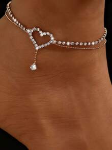 1pc Sparkling Double Heart Anklet For Women, Beach, Party, Festival - Silver - View 6