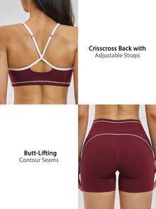 NcmRyu 1 set de sutien sport cu bretele spaghete și pantaloni scurți strâmți cu talie înaltă pentru femei, în culori contrastante - Burgundia - Vizualizare 4