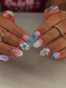24pcs Short Oval 3D Gel Nail Stickers With Flower & Pearl Design, French Manicure Nail Wraps, Includes 1 Bottle Of Glue And 1 Nail File, Suitable For Women And Girls For Daily Life And Party Use - Multicolor - View 3