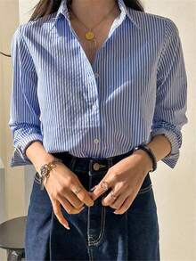 Lindo cárdigan de manga larga con botones y rayas azules, blusa/parte superior casual elegante vintage para mujer, adecuado para primavera/verano, días festivos/Día de San Valentín - Azul y blanco - Ver 2